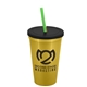 a metallic gold cup & black lid & translucent green straw 22 oz single - wall snap on tumbler with lid and straw