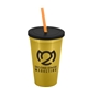 a metallic gold cup & black lid & translucent orange straw 22 oz single - wall snap on tumbler with lid and straw