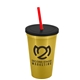 a metallic gold cup & black lid & translucent red straw 22 oz single - wall snap on tumbler with lid and straw