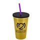 a metallic gold cup & black lid & translucent violet straw 22 oz single - wall snap on tumbler with lid and straw