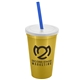 a metallic gold cup & frost lid & translucent blue straw 22 oz single - wall snap on tumbler with lid and straw