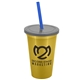 a metallic gold cup & smoke lid & translucent blue straw 22 oz single - wall snap on tumbler with lid and straw