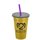 a metallic gold cup & smoke lid & translucent violet straw 22 oz single - wall snap on tumbler with lid and straw