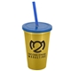 a metallic gold cup & translucent blue lid & translucent blue straw 22 oz single - wall snap on tumbler with lid and straw