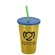 a metallic gold cup & translucent blue lid & translucent green straw 22 oz single - wall snap on tumbler with lid and straw