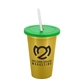 a metallic gold cup & translucent green lid & frost straw 22 oz single - wall snap on tumbler with lid and straw