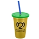 a metallic gold cup & translucent green lid & translucent blue straw 22 oz single - wall snap on tumbler with lid and straw