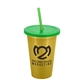 a metallic gold cup & translucent green lid & translucent green straw 22 oz single - wall snap on tumbler with lid and straw