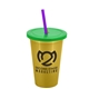 a metallic gold cup & translucent green lid & translucent violet straw 22 oz single - wall snap on tumbler with lid and straw