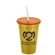 a metallic gold cup & translucent orange lid & frost straw 22 oz single - wall snap on tumbler with lid and straw