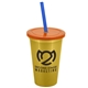 a metallic gold cup & translucent orange lid & translucent blue straw 22 oz single - wall snap on tumbler with lid and straw