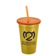 a metallic gold cup & translucent orange lid & translucent orange straw 22 oz single - wall snap on tumbler with lid and straw