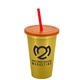 a metallic gold cup & translucent orange lid & translucent red straw 22 oz single - wall snap on tumbler with lid and straw
