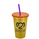 a metallic gold cup & translucent orange lid & translucent violet straw 22 oz single - wall snap on tumbler with lid and straw
