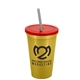 a metallic gold cup & translucent red lid & smoke straw 22 oz single - wall snap on tumbler with lid and straw