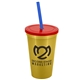 a metallic gold cup & translucent red lid & translucent blue straw 22 oz single - wall snap on tumbler with lid and straw
