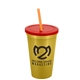 a metallic gold cup & translucent red lid & translucent orange straw 22 oz single - wall snap on tumbler with lid and straw