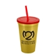 a metallic gold cup & translucent red lid & translucent red straw 22 oz single - wall snap on tumbler with lid and straw