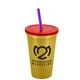 a metallic gold cup & translucent red lid & translucent violet straw 22 oz single - wall snap on tumbler with lid and straw