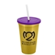 a metallic gold cup & translucent violet lid & frost straw 22 oz single - wall snap on tumbler with lid and straw