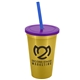 a metallic gold cup & translucent violet lid & translucent blue straw 22 oz single - wall snap on tumbler with lid and straw