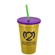 a metallic gold cup & translucent violet lid & translucent green straw 22 oz single - wall snap on tumbler with lid and straw