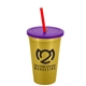 a metallic gold cup & translucent violet lid & translucent red straw 22 oz single - wall snap on tumbler with lid and straw