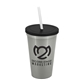 a metallic silver cup & black lid & frost straw 22 oz single - wall snap on tumbler with lid and straw