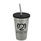 a metallic silver cup & black lid & smoke straw 22 oz single - wall snap on tumbler with lid and straw