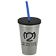 a metallic silver cup & black lid & translucent blue straw 22 oz single - wall snap on tumbler with lid and straw