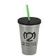 a metallic silver cup & black lid & translucent green straw 22 oz single - wall snap on tumbler with lid and straw