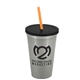 a metallic silver cup & black lid & translucent orange straw 22 oz single - wall snap on tumbler with lid and straw
