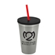a metallic silver cup & black lid & translucent red straw 22 oz single - wall snap on tumbler with lid and straw