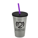 a metallic silver cup & black lid & translucent violet straw 22 oz single - wall snap on tumbler with lid and straw