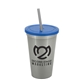 a metallic silver cup & translucent blue lid & smoke straw 22 oz single - wall snap on tumbler with lid and straw