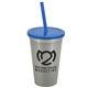 a metallic silver cup & translucent blue lid & translucent blue straw 22 oz single - wall snap on tumbler with lid and straw
