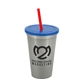 a metallic silver cup & translucent blue lid & translucent red straw 22 oz single - wall snap on tumbler with lid and straw