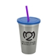 a metallic silver cup & translucent blue lid & translucent violet straw 22 oz single - wall snap on tumbler with lid and straw