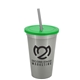 a metallic silver cup & translucent green lid & smoke straw 22 oz single - wall snap on tumbler with lid and straw