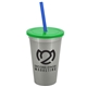a metallic silver cup & translucent green lid & translucent blue straw 22 oz single - wall snap on tumbler with lid and straw
