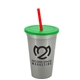 a metallic silver cup & translucent green lid & translucent red straw 22 oz single - wall snap on tumbler with lid and straw
