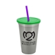 a metallic silver cup & translucent green lid & translucent violet straw 22 oz single - wall snap on tumbler with lid and straw