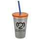 a metallic silver cup & translucent orange lid & translucent blue straw 22 oz single - wall snap on tumbler with lid and straw
