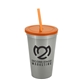 a metallic silver cup & translucent orange lid & translucent orange straw 22 oz single - wall snap on tumbler with lid and straw