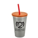 a metallic silver cup & translucent orange lid & translucent red straw 22 oz single - wall snap on tumbler with lid and straw