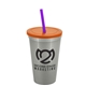 a metallic silver cup & translucent orange lid & translucent violet straw 22 oz single - wall snap on tumbler with lid and straw