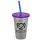a metallic silver cup & translucent violet lid & translucent blue straw 22 oz single - wall snap on tumbler with lid and straw