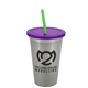 a metallic silver cup & translucent violet lid & translucent green straw 22 oz single - wall snap on tumbler with lid and straw