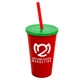 a red cup & translucent green lid & translucent red straw 22 oz single - wall snap on tumbler with lid and straw