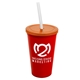 a red cup & translucent orange lid & frost straw 22 oz single - wall snap on tumbler with lid and straw